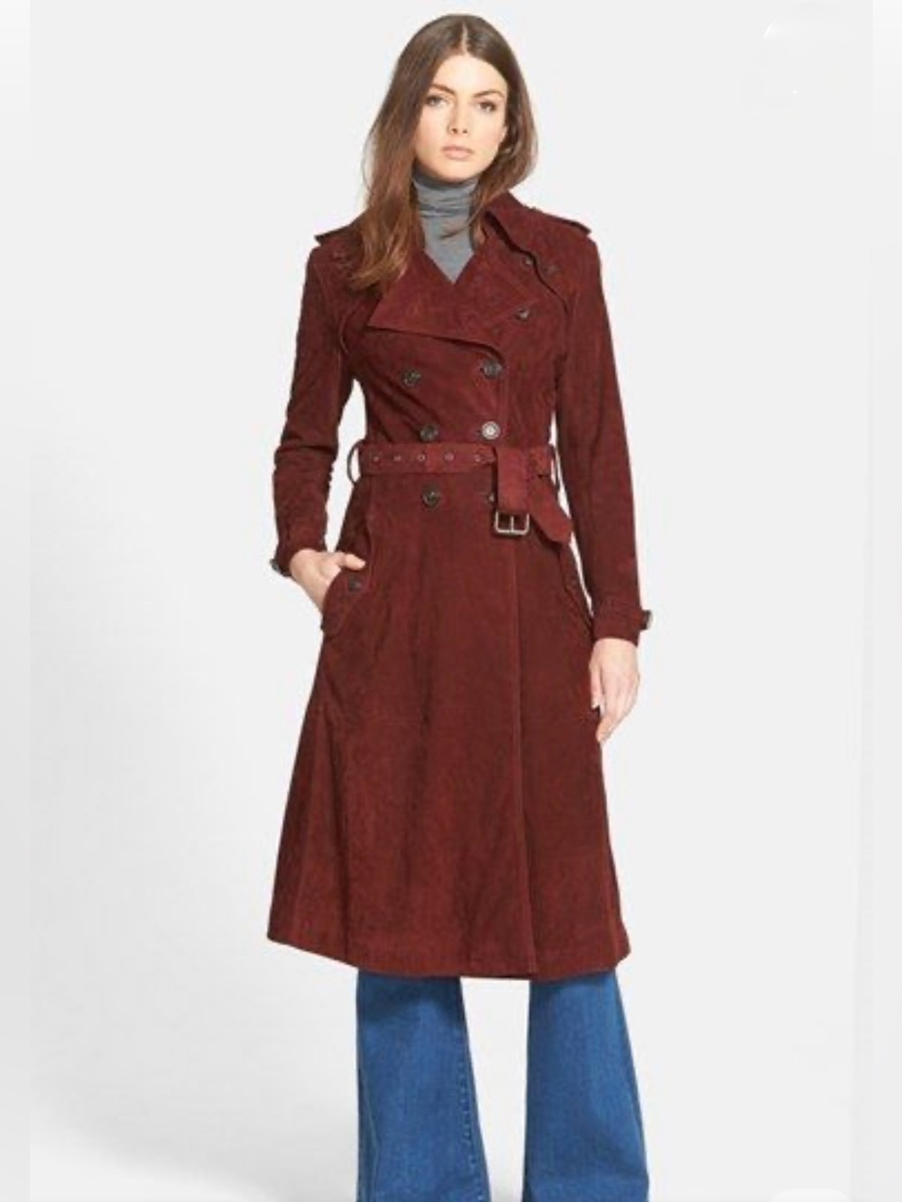 Rebecca Minkoff Amis Lambskin Suede Leather Double Breasted Trench Coat S (EUC)